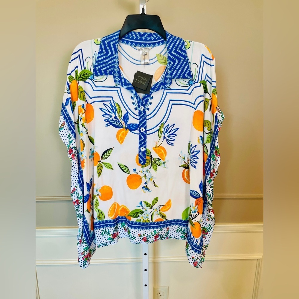 John Mark NWT L / XL Tropical Orange Oversized Poncho Tunic Top Button Down